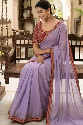 Lavender Color Hand Work Satin art silk saree
