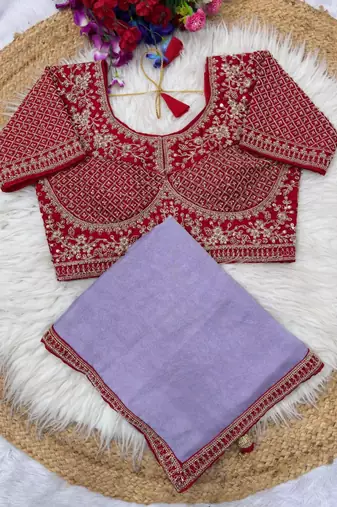 Lavender Color Hand Work Satin art silk saree