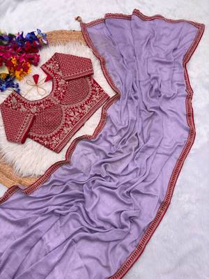 Lavender Color Hand Work Satin art silk saree 5