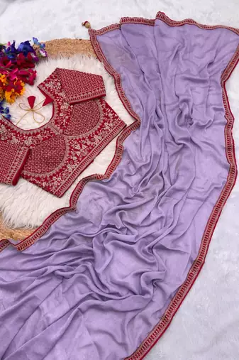 Lavender Color Hand Work Satin art silk saree