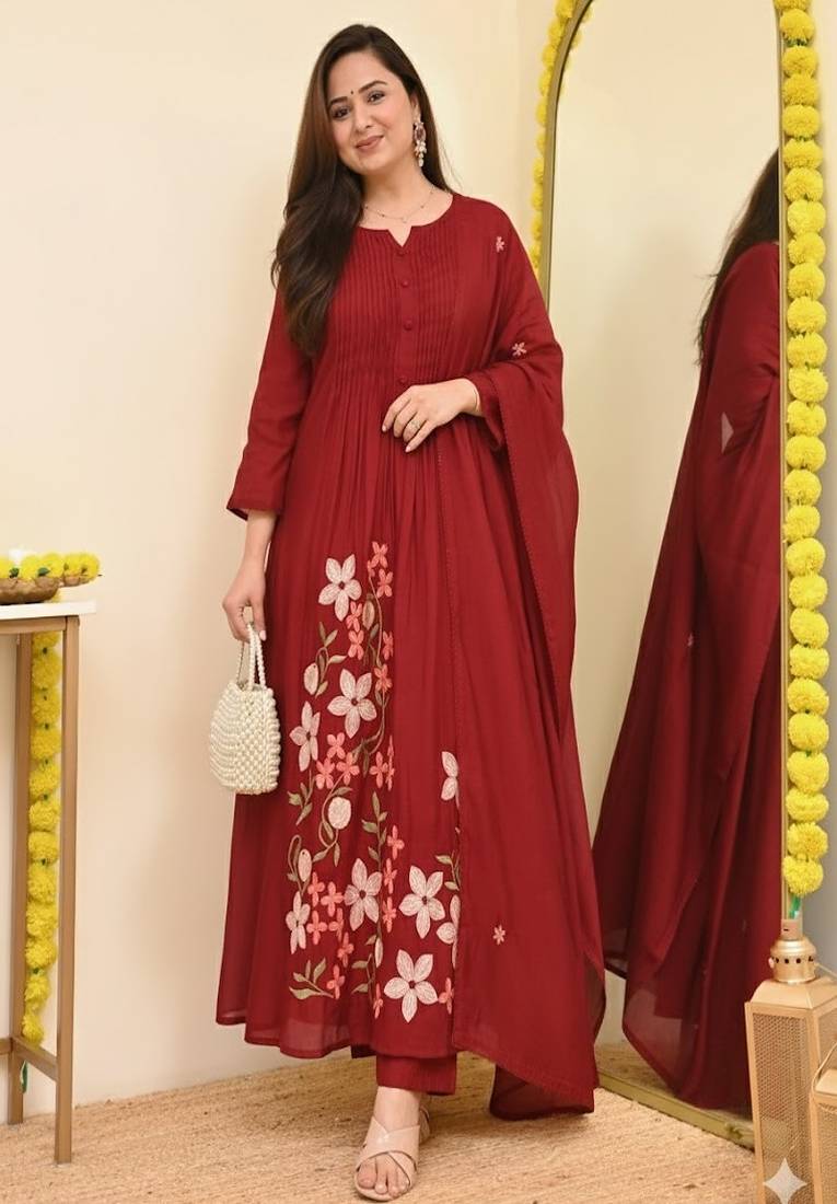 Floral embroidered round neck pure cotton kurta trosuer and dupatta set