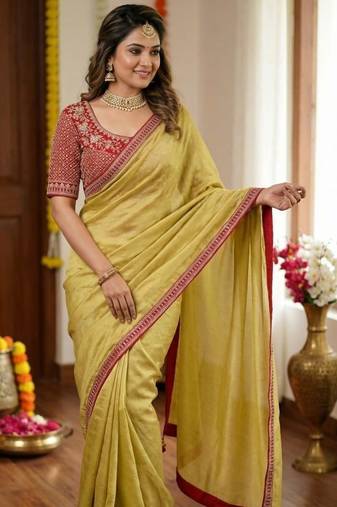 Light Olive Color Hand Work Satin Silk Saree