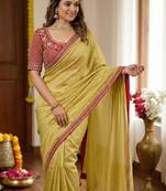 Light Olive Color Hand Work Satin Silk Saree