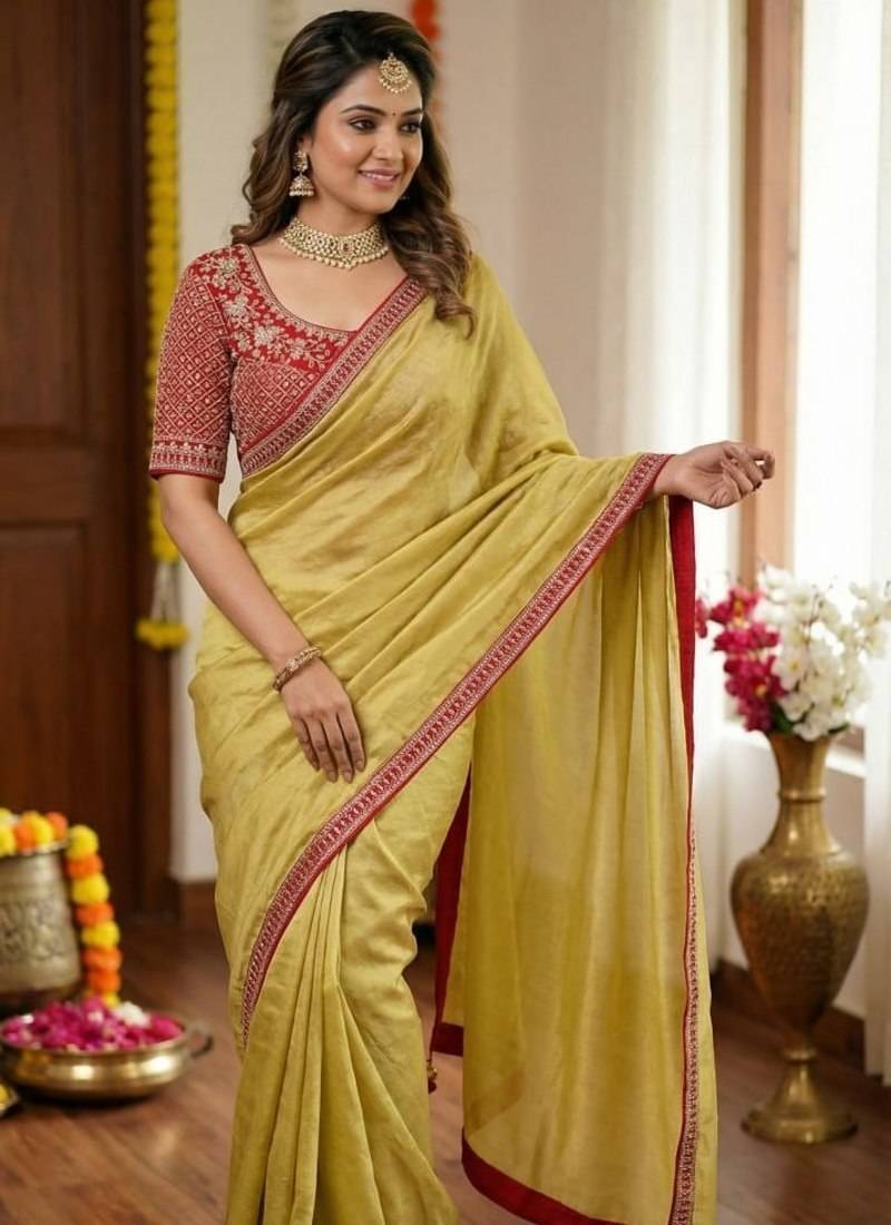 Light Olive Color Hand Work Satin Silk Saree