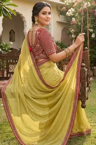 Light Olive Color Hand Work Satin art silk saree