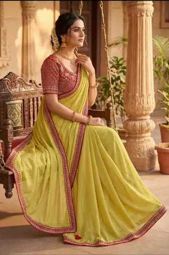 Light Olive Color Hand Work Satin art silk saree