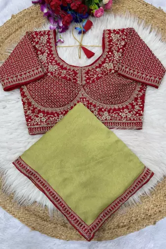 Light Olive Color Hand Work Satin art silk saree