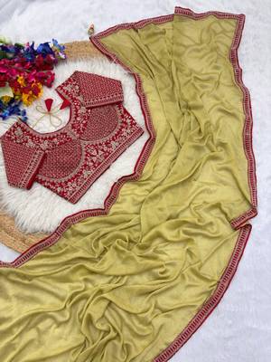 Light Olive Color Hand Work Satin art silk saree 5