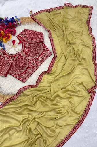 Light Olive Color Hand Work Satin art silk saree