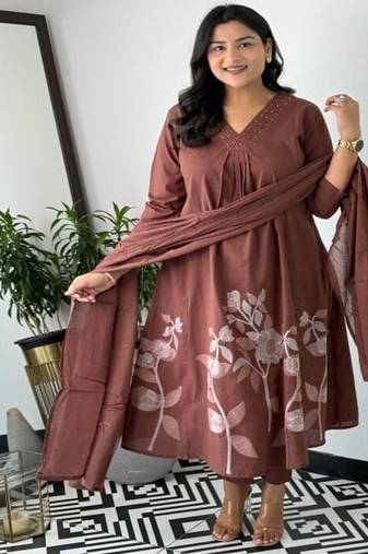 Floral printed v neck pure cotton kurta trosuer and dupatta set