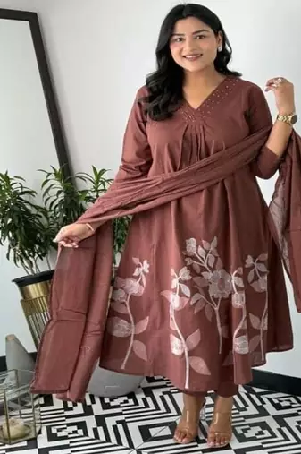 Floral printed v neck pure cotton kurta trosuer and dupatta set