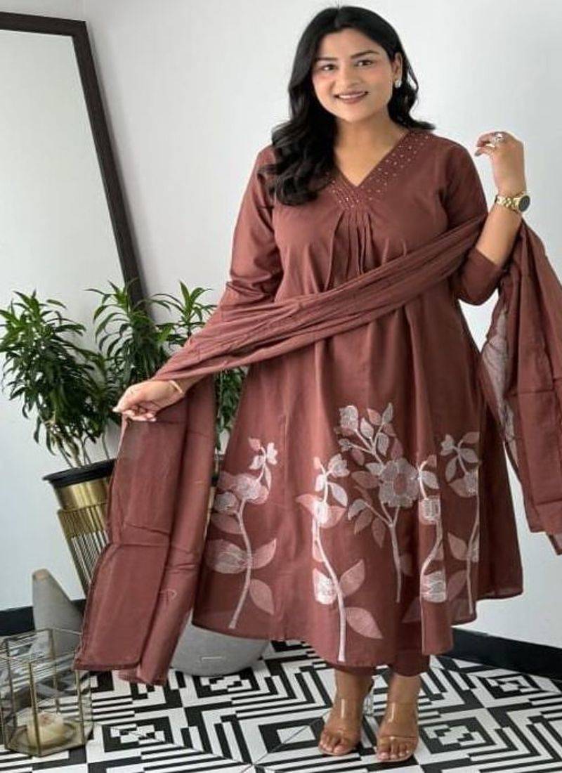 Floral printed v neck pure cotton kurta trosuer and dupatta set