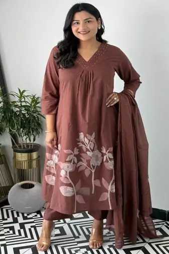 Floral printed v neck  cotton kurta trosuer and dupatta set