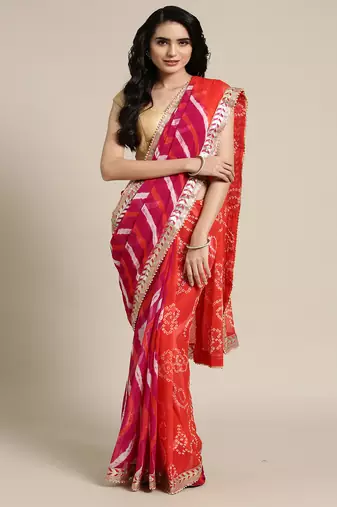 Geroo Jaipur Bandhani Printed Gotta Patti Leheriya Saree