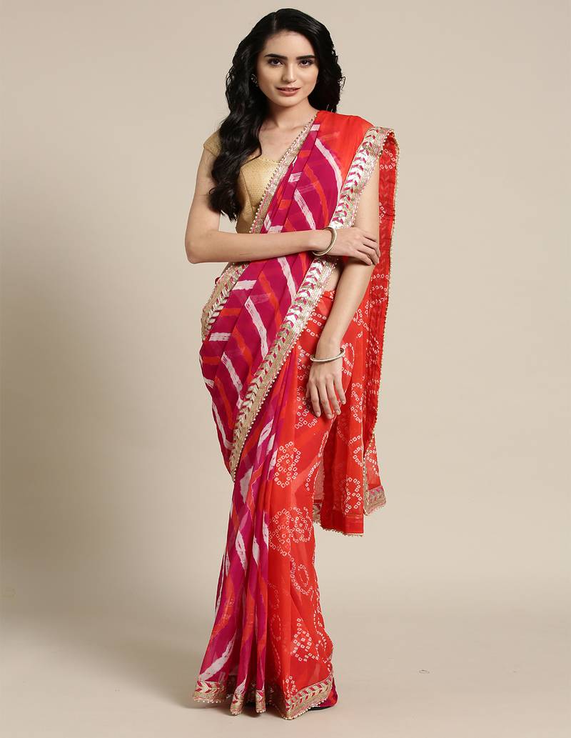 Geroo Jaipur Bandhani Printed Gotta Patti Leheriya Saree