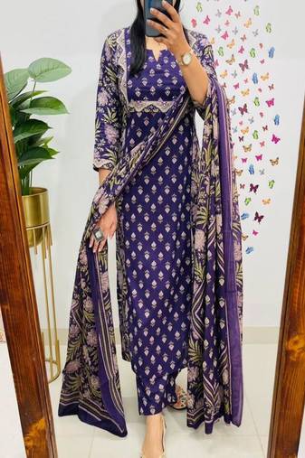 Floral printed u neck pure cotton kurta trosuer and dupatta set