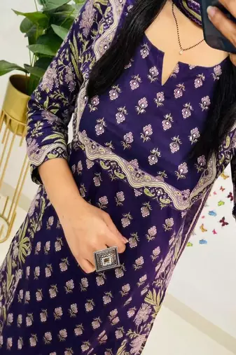 Floral printed u neck  cotton kurta trosuer and dupatta set