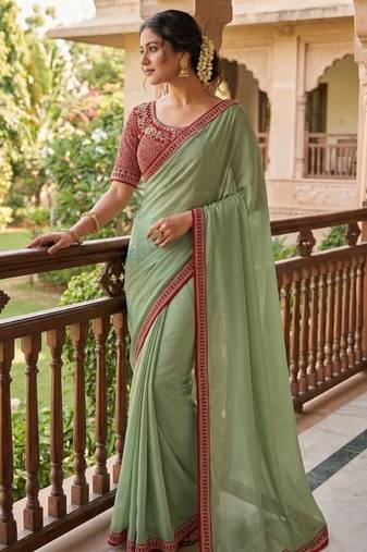 Sea-Green Color Hand Work Satin Silk Saree
