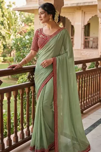 Sea-Green Color Hand Work Satin Silk Saree
