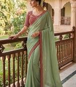 Sea-Green Color Hand Work Satin Silk Saree