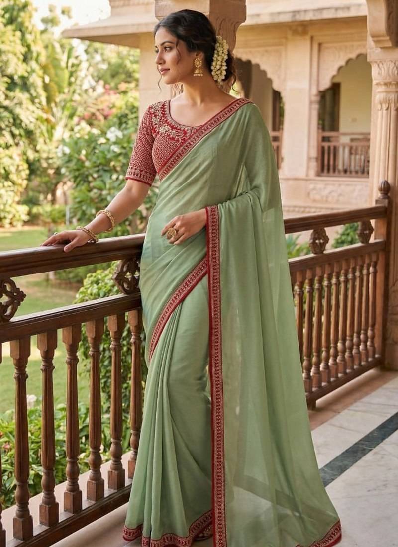 Sea-Green Color Hand Work Satin Silk Saree