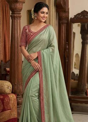 Sea-Green Color Hand Work Satin art silk saree 2