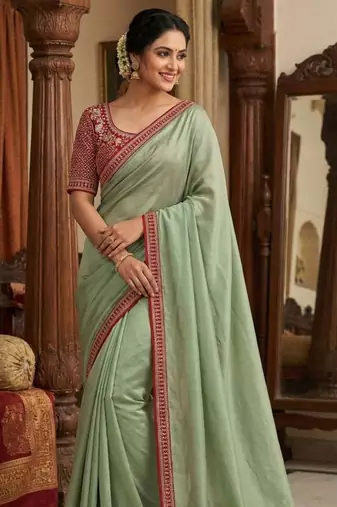 Sea-Green Color Hand Work Satin Silk Saree