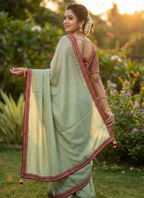 Sea-Green Color Hand Work Satin art silk saree 3