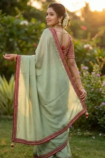 Sea-Green Color Hand Work Satin Silk Saree