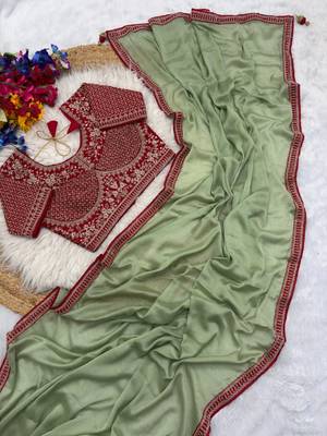 Sea-Green Color Hand Work Satin art silk saree 4