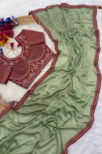 Sea-Green Color Hand Work Satin Silk Saree