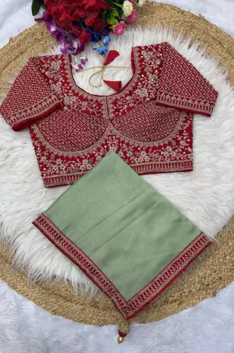 Sea-Green Color Hand Work Satin Silk Saree