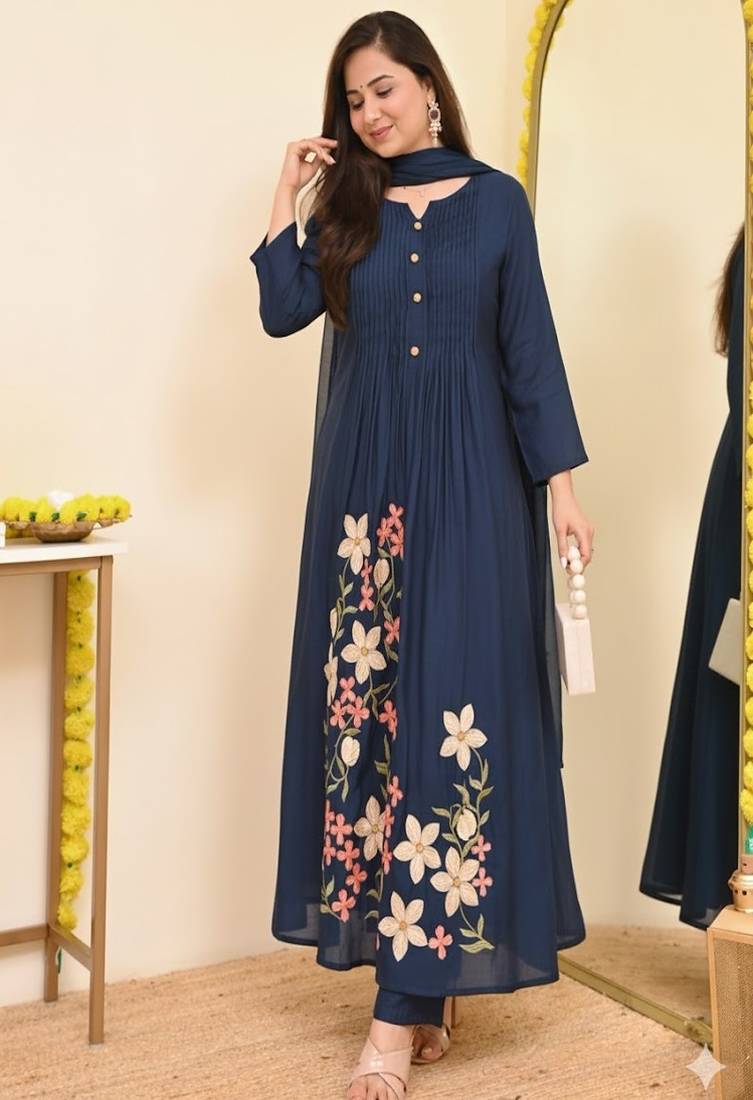 Floral embroidered round neck pure cotton kurta trosuer and dupatta set