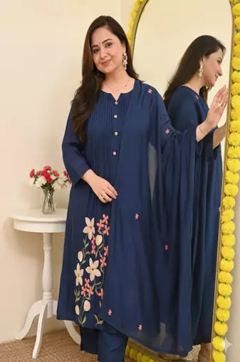 Floral embroidered round neck  cotton kurta trosuer and dupatta set