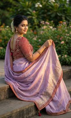 Pink Color Hand Work Satin art silk saree 1