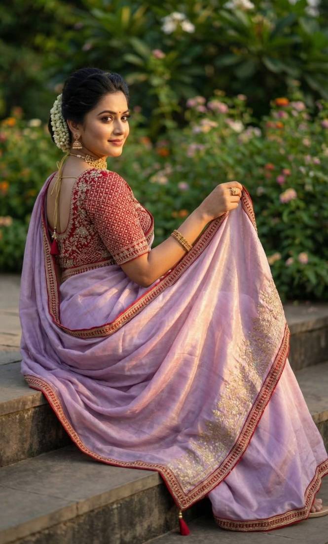 Pink Color Hand Work Satin Silk Saree