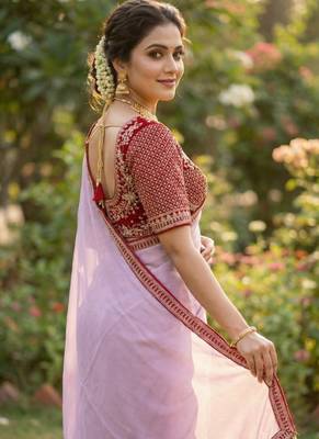 Pink Color Hand Work Satin art silk saree 3