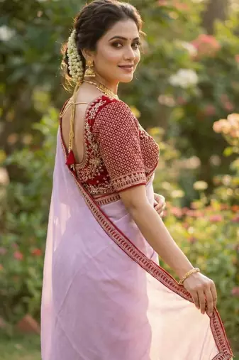 Pink Color Hand Work Satin art silk saree