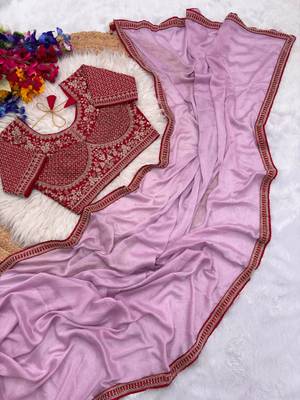Pink Color Hand Work Satin art silk saree 5