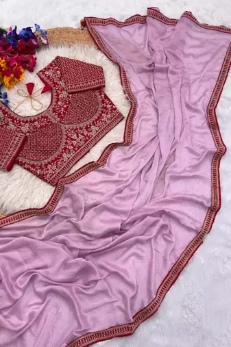 Pink Color Hand Work Satin art silk saree