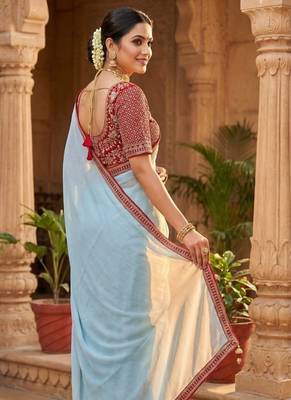 Sky Blue Color Hand Work Satin art silk saree 1
