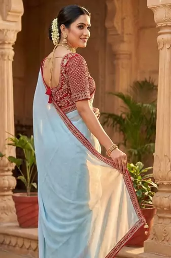 Sky Blue Color Hand Work Satin Silk Saree