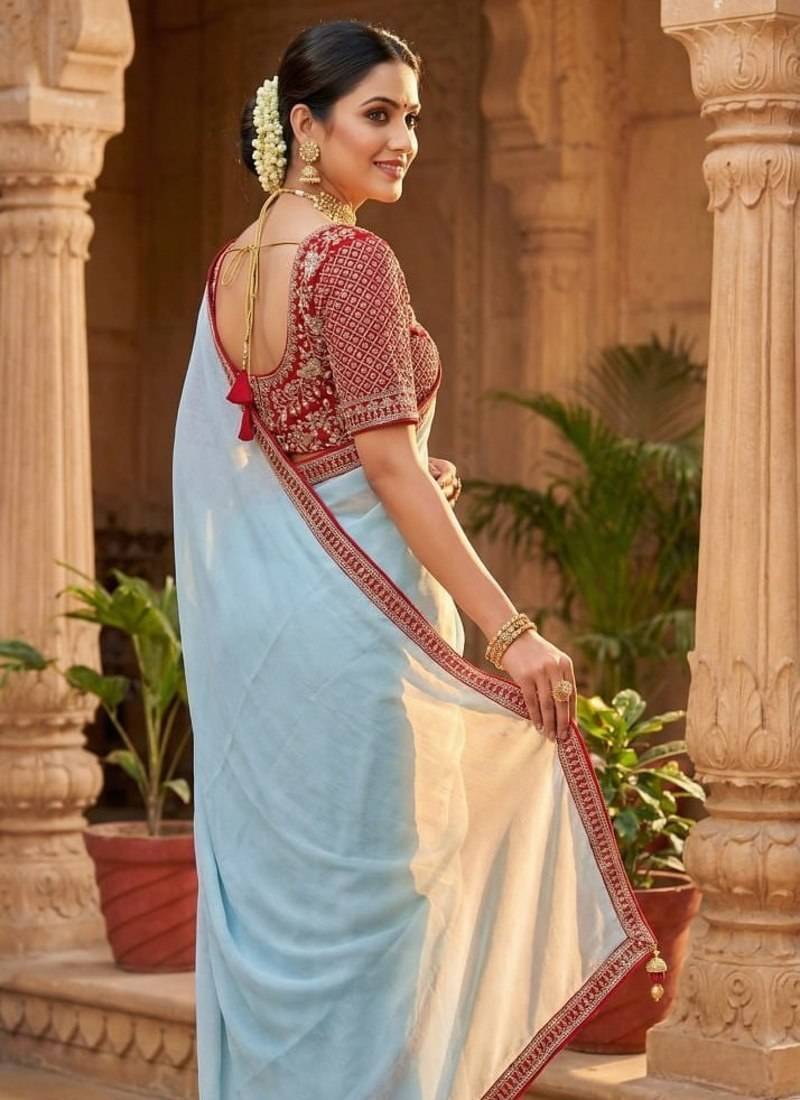 Sky Blue Color Hand Work Satin Silk Saree