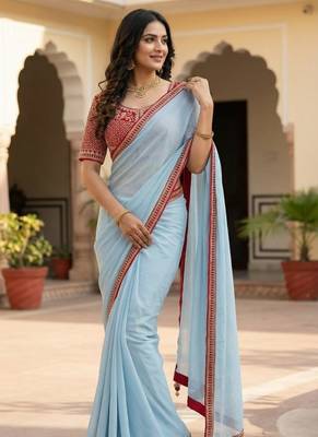 Sky Blue Color Hand Work Satin art silk saree 2