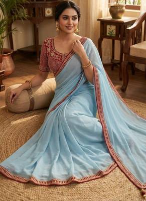 Sky Blue Color Hand Work Satin art silk saree 3