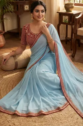 Sky Blue Color Hand Work Satin art silk saree