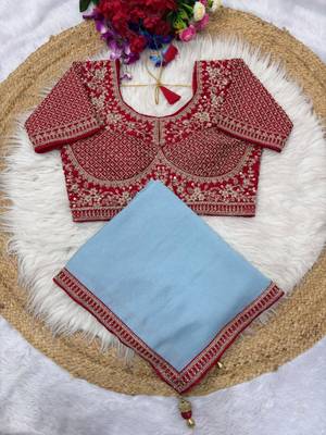 Sky Blue Color Hand Work Satin art silk saree 4