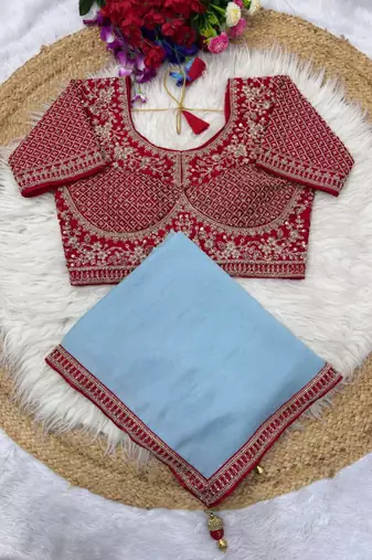 Sky Blue Color Hand Work Satin art silk saree