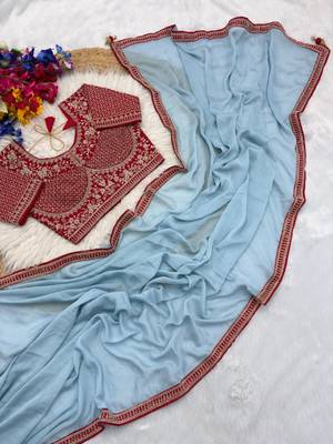Sky Blue Color Hand Work Satin art silk saree 5