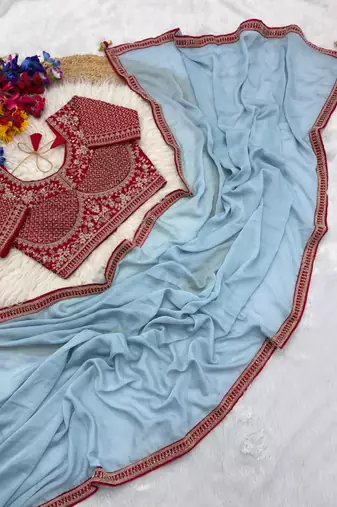Sky Blue Color Hand Work Satin art silk saree